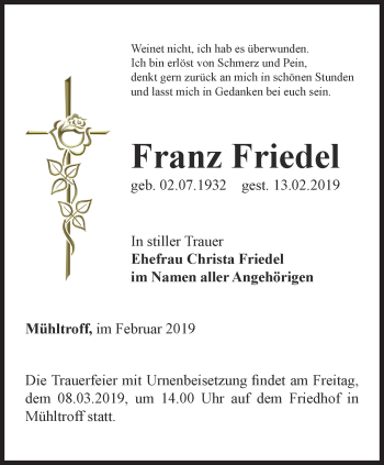 Traueranzeige von Franz Friedel von Ostthüringer Zeitung