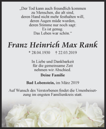 Traueranzeige von Franz Heinrich Max Rank von Ostthüringer Zeitung