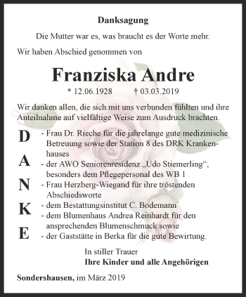 Traueranzeige von Franziska Andre von Thüringer Allgemeine