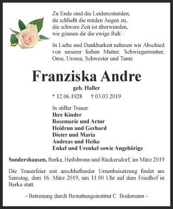 Traueranzeige von Franziska Andre von Thüringer Allgemeine