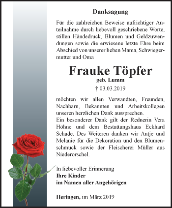 Traueranzeige von Frauke Töpfer von Thüringer Allgemeine