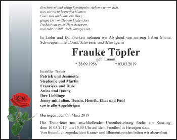 Traueranzeige von Frauke Töpfer von Thüringer Allgemeine