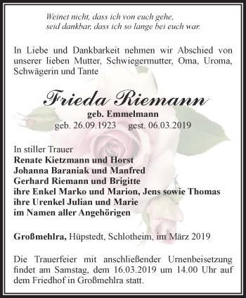 Traueranzeige von Frieda Riemann von Thüringer Allgemeine, Thüringische Landeszeitung