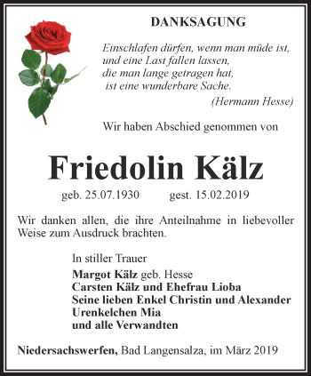Traueranzeige von Friedolin Kälz von Thüringer Allgemeine
