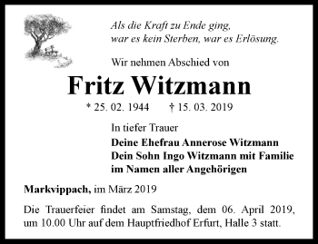 Traueranzeige von Fritz Witzmann von Thüringer Allgemeine, Thüringische Landeszeitung