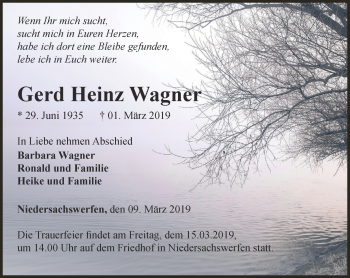 Traueranzeige von Gerd Heinz Wagner von Thüringer Allgemeine