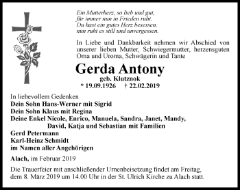 Traueranzeige von Gerda Antony von Thüringer Allgemeine, Thüringische Landeszeitung