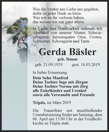 Traueranzeige von Gerda Bäsler