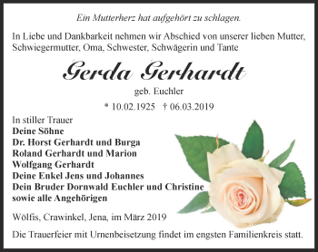 Traueranzeige von Gerda Gerhardt von Ostthüringer Zeitung, Thüringische Landeszeitung