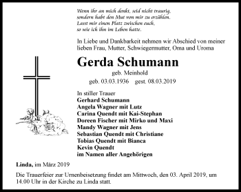 Traueranzeige von Gerda Schumann von Ostthüringer Zeitung