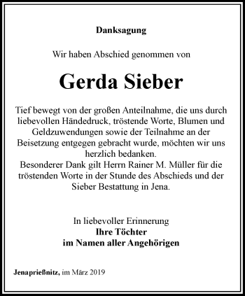 Traueranzeige von Gerda Sieber von Ostthüringer Zeitung, Thüringische Landeszeitung