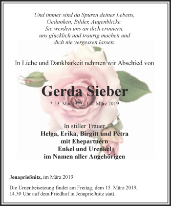 Traueranzeige von Gerda Sieber von Ostthüringer Zeitung, Thüringische Landeszeitung