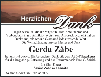 Traueranzeige von Gerda Zäbe von Thüringer Allgemeine, Thüringische Landeszeitung