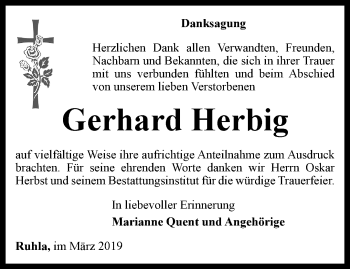 Traueranzeige von Gerhard Herbig von Thüringer Allgemeine, Thüringische Landeszeitung