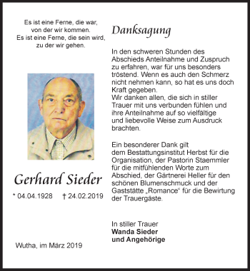 Traueranzeige von Gerhard Sieder von Thüringer Allgemeine, Thüringische Landeszeitung