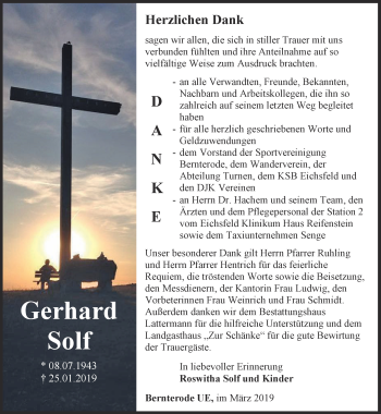 Traueranzeige von Gerhard Solf von Thüringer Allgemeine
