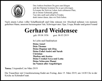 Traueranzeige von Gerhard Weidensee von Ostthüringer Zeitung