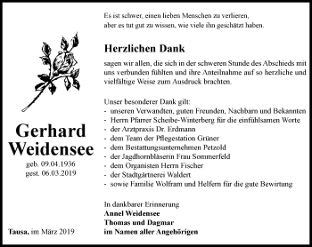 Traueranzeige von Gerhard Weidensee von Ostthüringer Zeitung