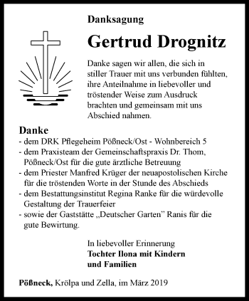 Traueranzeige von Gertrud Drognitz von Ostthüringer Zeitung