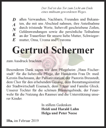 Traueranzeige von Gertrud Schermer von Thüringer Allgemeine, Thüringische Landeszeitung