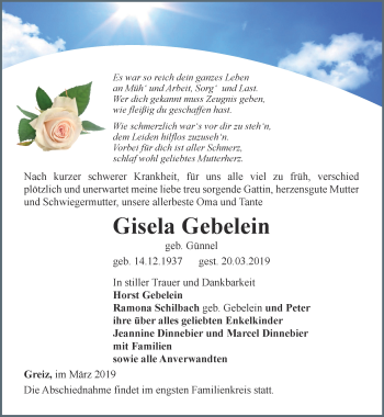 Traueranzeige von Gisela Gebelein