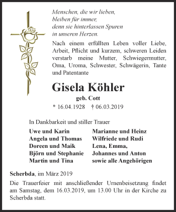 Traueranzeige von Gisela Köhler von Thüringer Allgemeine, Thüringische Landeszeitung