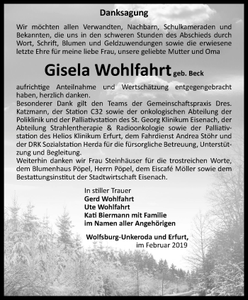 Traueranzeige von Gisela Wohlfahrt von Thüringer Allgemeine, Thüringische Landeszeitung