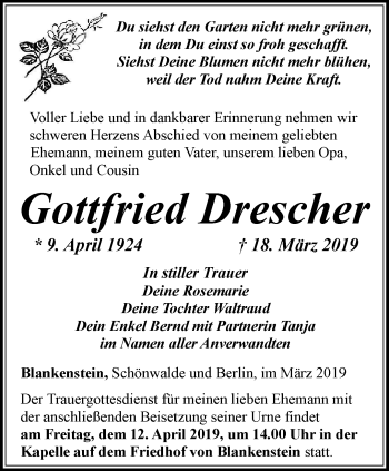 Traueranzeige von Gottfried Drescher von Ostthüringer Zeitung