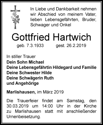 Traueranzeige von Gottfried Hartwich von Thüringer Allgemeine