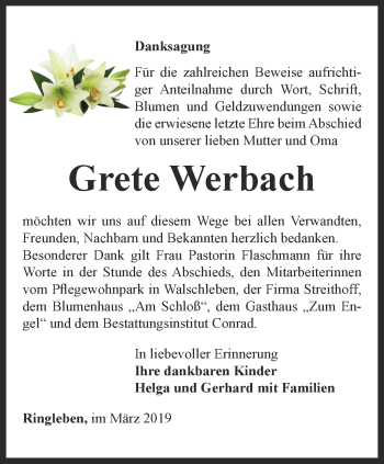 Traueranzeige von Grete Werbach von Thüringer Allgemeine, Thüringische Landeszeitung