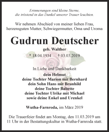 Traueranzeige von Gudrun Deutscher von Thüringer Allgemeine, Thüringische Landeszeitung