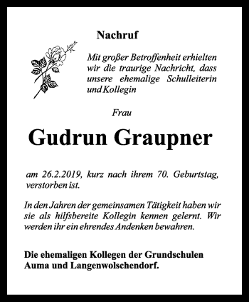 Traueranzeige von Gudrun Graupner von Ostthüringer Zeitung