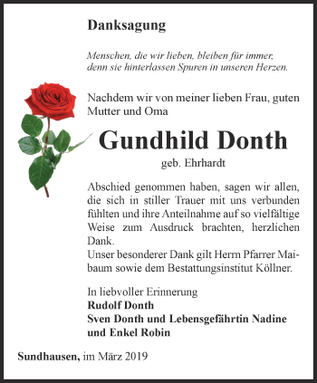 Traueranzeige von Gundhild Donth von Ostthüringer Zeitung, Thüringische Landeszeitung