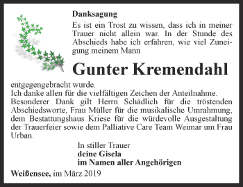 Traueranzeige von Gunter Kremendahl von Thüringer Allgemeine