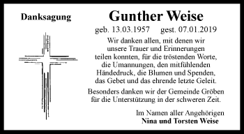 Traueranzeige von Gunther Weise von Ostthüringer Zeitung, Thüringische Landeszeitung