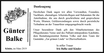 Traueranzeige von Günter Balke von Ostthüringer Zeitung