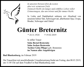 Traueranzeige von Günter Breternitz von Ostthüringer Zeitung