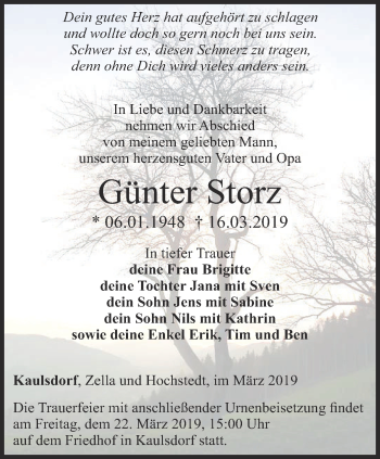Traueranzeige von Günter Storz von Ostthüringer Zeitung