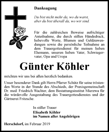 Traueranzeige von Günther Köhler von Ostthüringer Zeitung