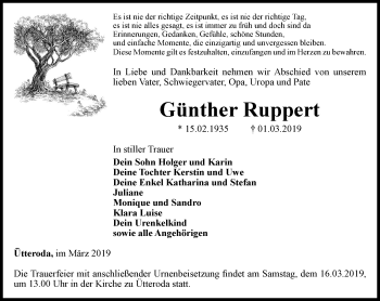 Traueranzeige von Günther Ruppert von Thüringer Allgemeine, Thüringische Landeszeitung