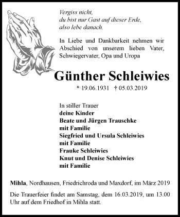 Traueranzeige von Günther Schleiwies von Thüringer Allgemeine, Thüringische Landeszeitung