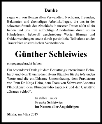 Traueranzeige von Günther Schleiwies von Thüringer Allgemeine, Thüringische Landeszeitung