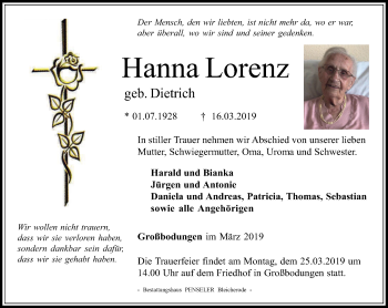 Traueranzeige von Hanna Lorenz von Thüringer Allgemeine