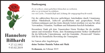 Traueranzeige von Hannelore Billhardt von Thüringer Allgemeine