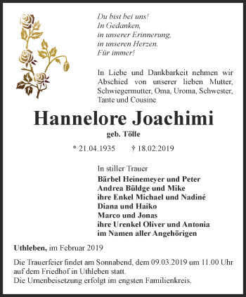 Traueranzeige von Hannelore Joachimi von Thüringer Allgemeine