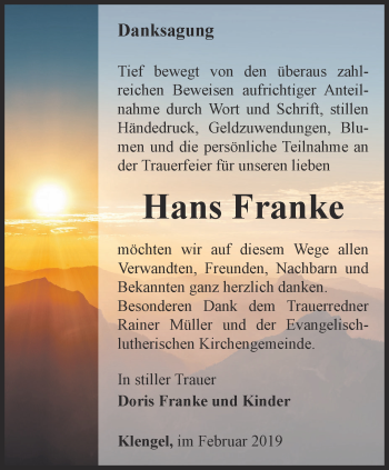 Traueranzeige von Hans Franke von Ostthüringer Zeitung