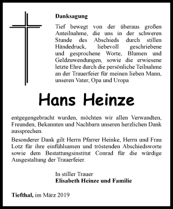 Traueranzeige von Hans Heinze von Thüringer Allgemeine, Thüringische Landeszeitung