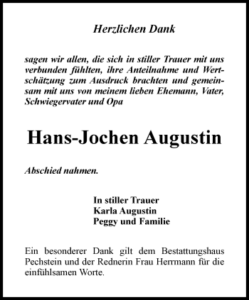 Traueranzeige von Hans-Jochen Augustin von Ostthüringer Zeitung