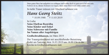 Traueranzeige von Hans Georg Steitz von Ostthüringer Zeitung, Thüringische Landeszeitung