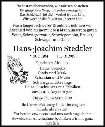 Traueranzeige von Hans Joachim Stedtler von Thüringer Allgemeine, Thüringische Landeszeitung